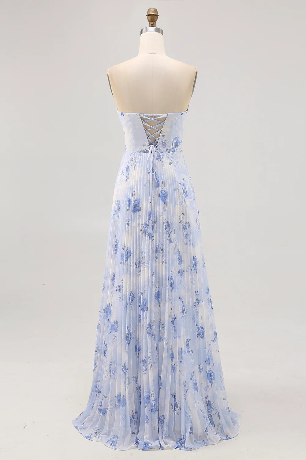 Blue Floral Strapless Pleated Chiffon Maxi Dress with Lace-Up Back