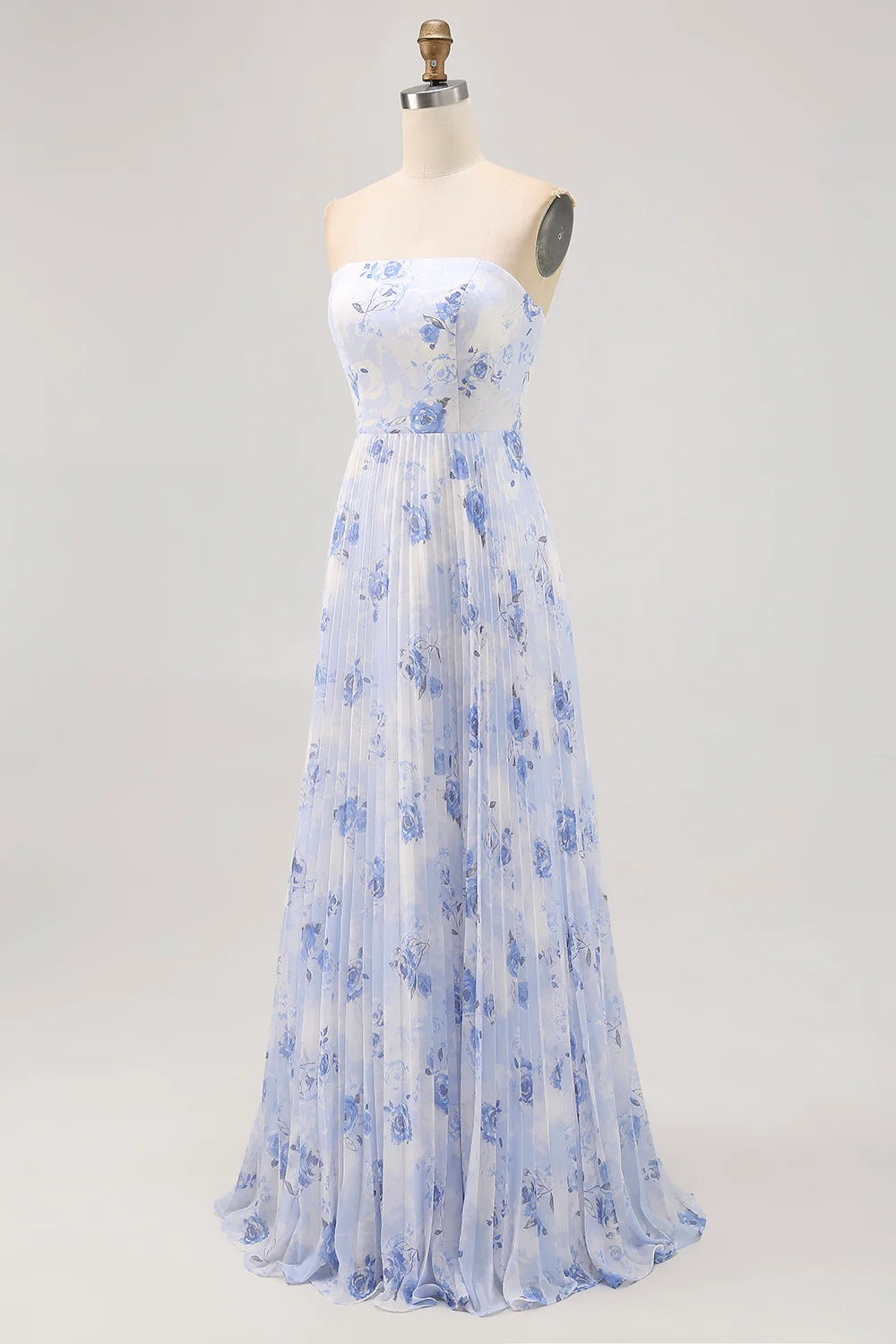 Blue Floral Strapless Pleated Chiffon Maxi Dress with Lace-Up Back