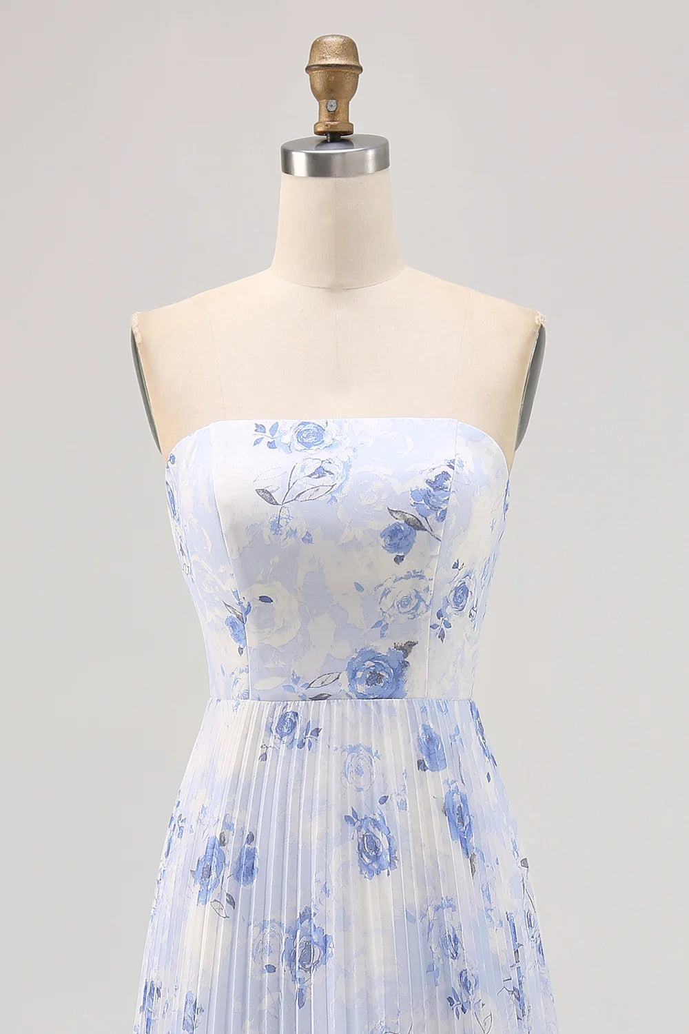Blue Floral Strapless Pleated Chiffon Maxi Dress with Lace-Up Back