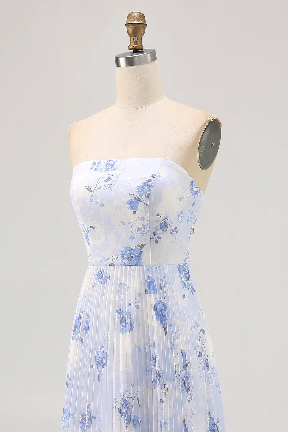 Blue Floral Strapless Pleated Chiffon Maxi Dress with Lace-Up Back