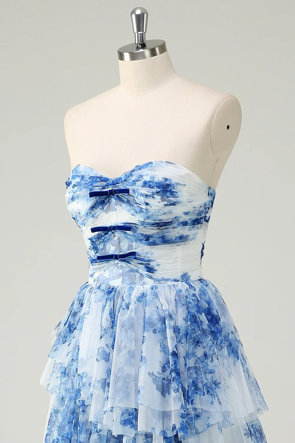 Blue Floral Strapless Tiered Ruffled Tulle Ball Gown