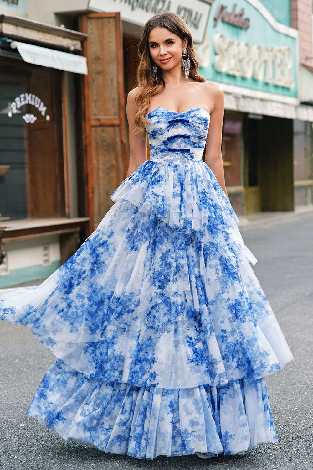 Blue Floral Strapless Tiered Ruffled Tulle Ball Gown