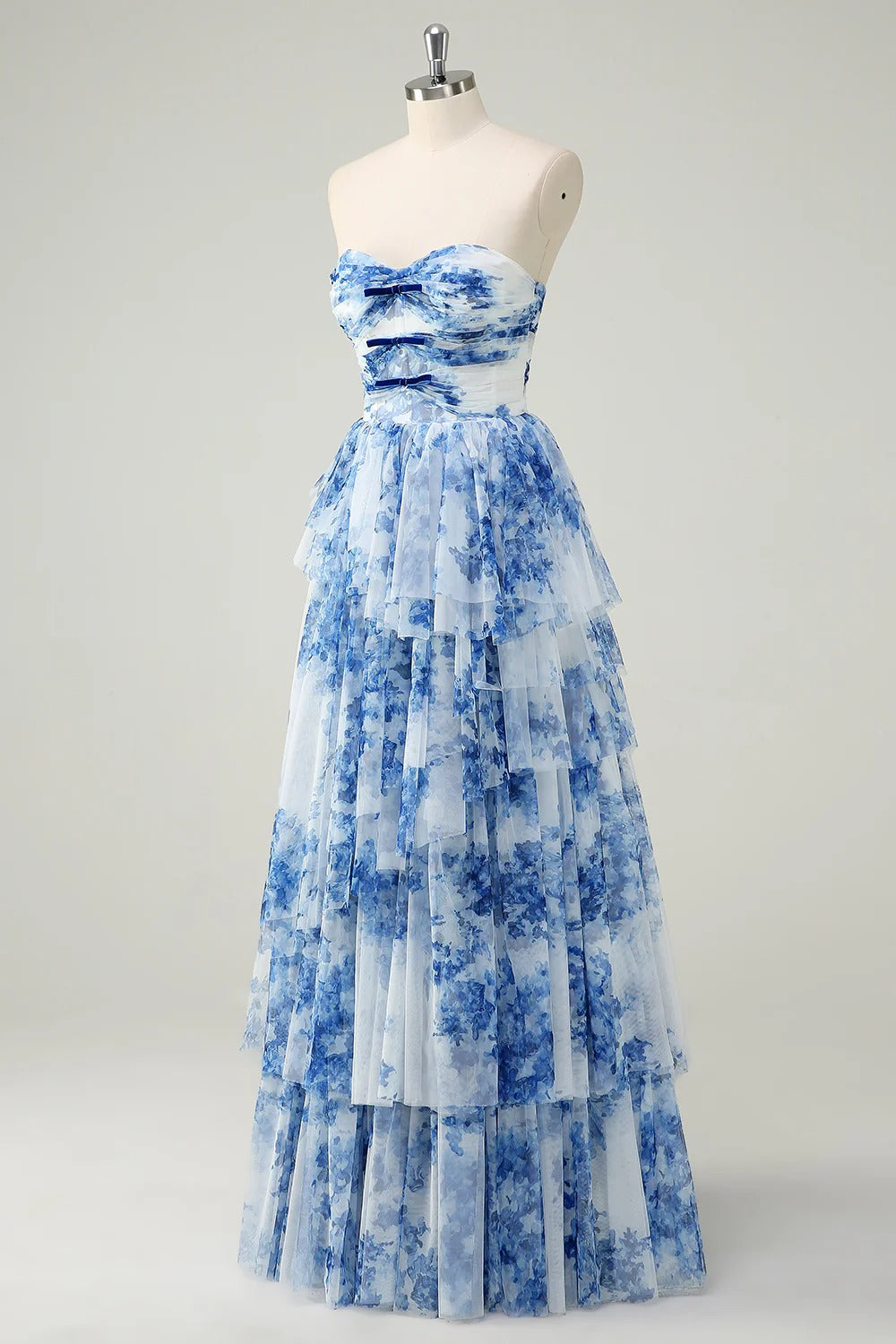 Blue Floral Strapless Tiered Ruffled Tulle Ball Gown