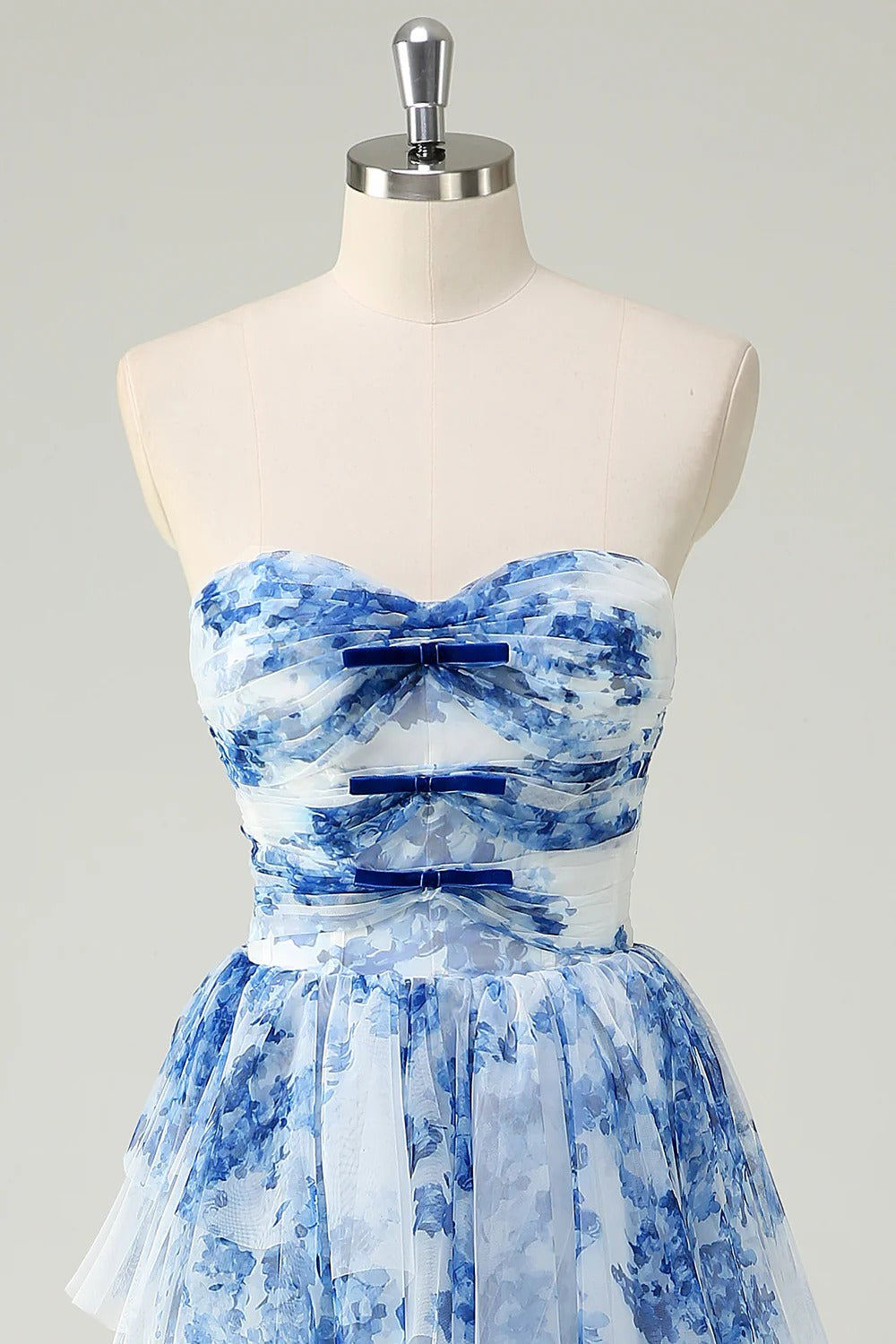 Blue Floral Strapless Tiered Ruffled Tulle Ball Gown