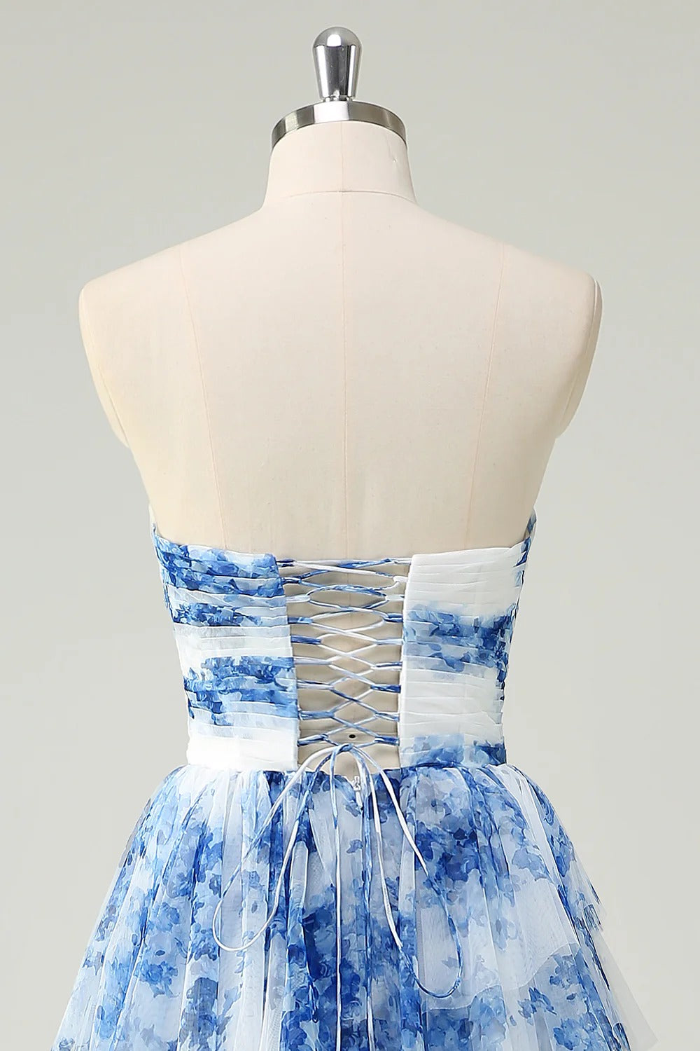 Blue Floral Strapless Tiered Ruffled Tulle Ball Gown