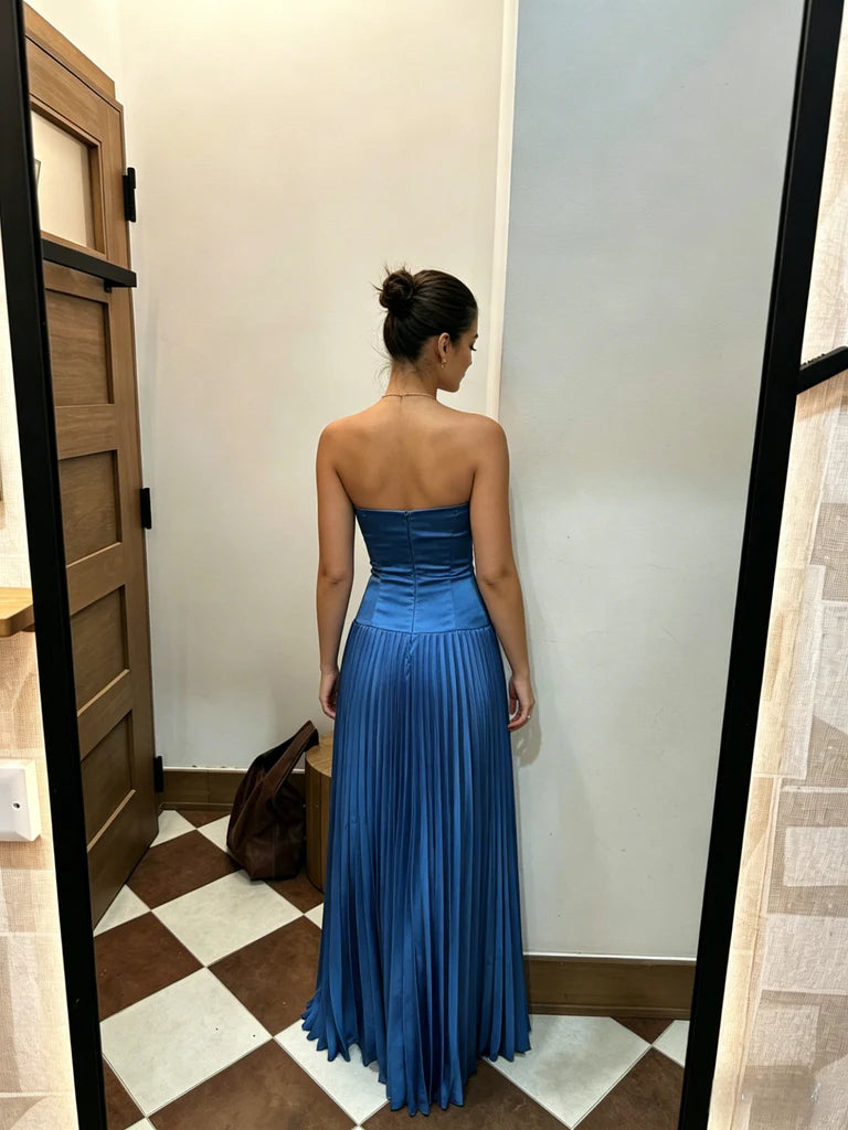 Blue Satin Strapless Form Fitted Pleated Open Back Floor Length Evening Dress