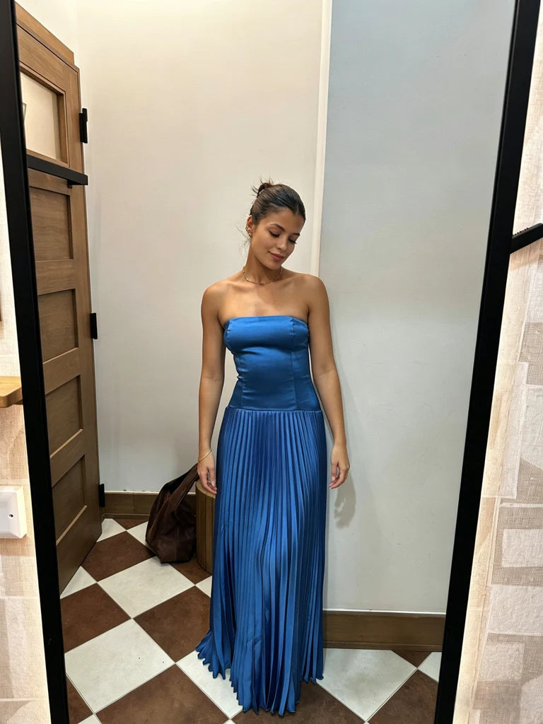 Blue Satin Strapless Form Fitted Pleated Open Back Floor Length Evening Dress