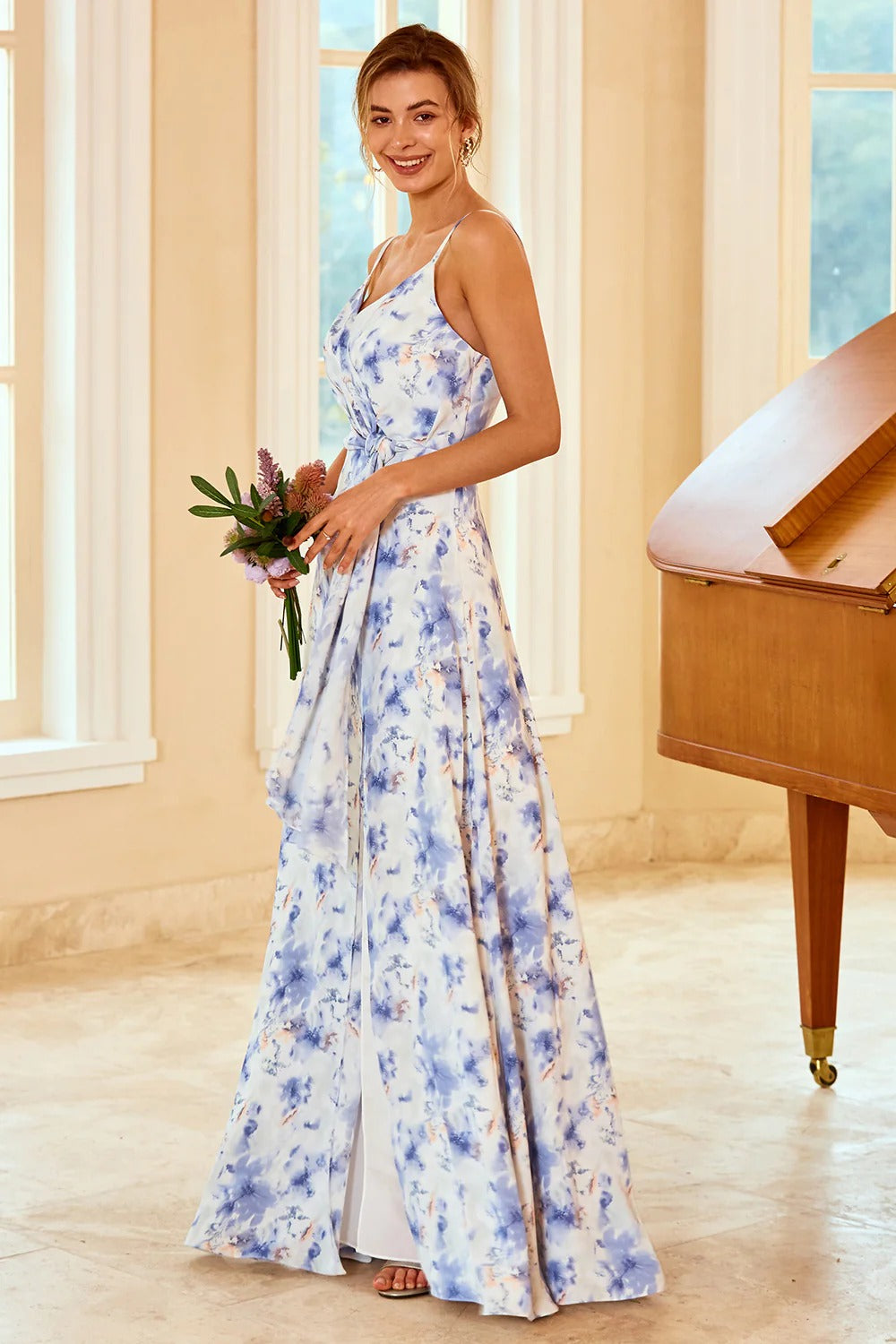 Blue Watercolor Floral Print Maxi Dress – Spaghetti Strap V-Neck Dress with Waist Tie & High Slit
