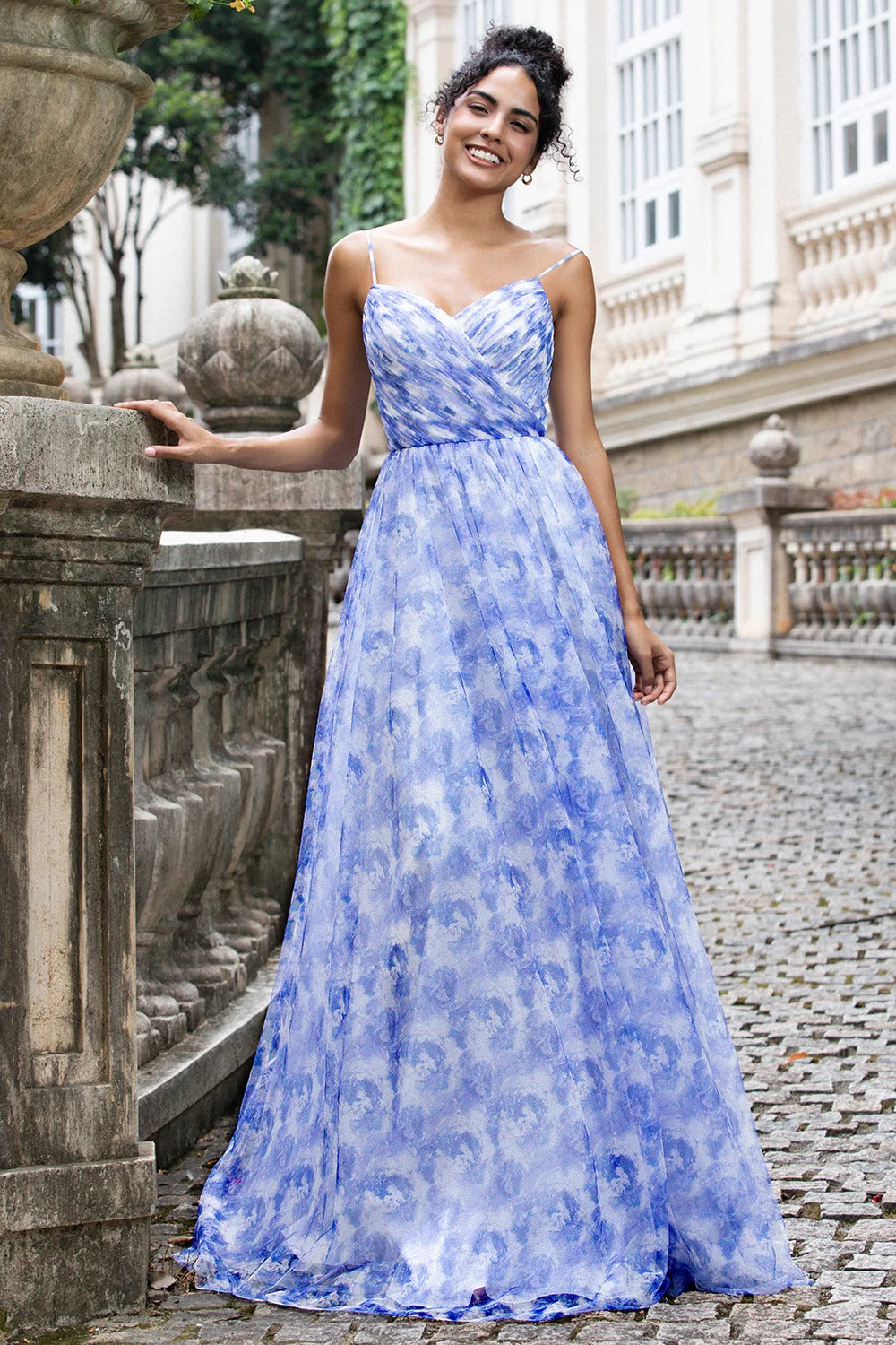 Blue Watercolor Tulle Spaghetti Strap Maxi Dress with Lace-Up Back
