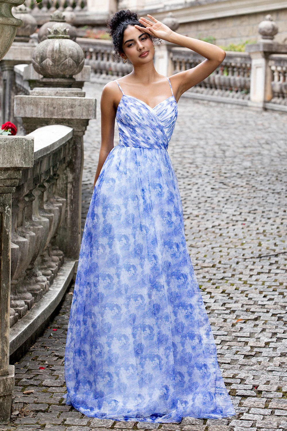 Blue Watercolor Tulle Spaghetti Strap Maxi Dress with Lace-Up Back