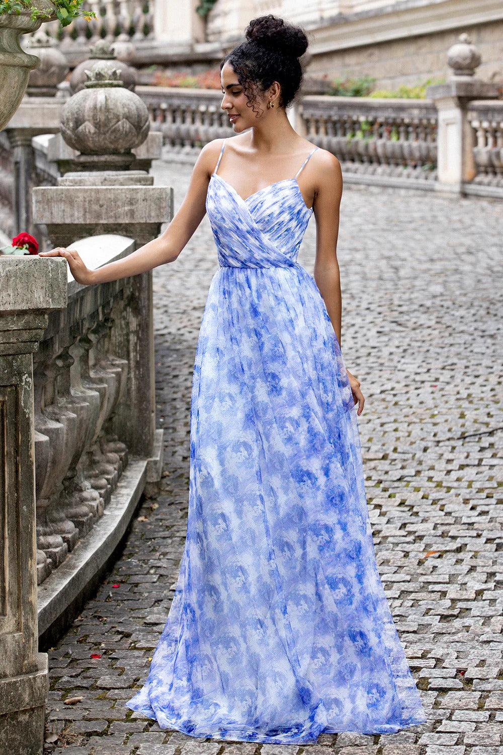 Blue Watercolor Tulle Spaghetti Strap Maxi Dress with Lace-Up Back