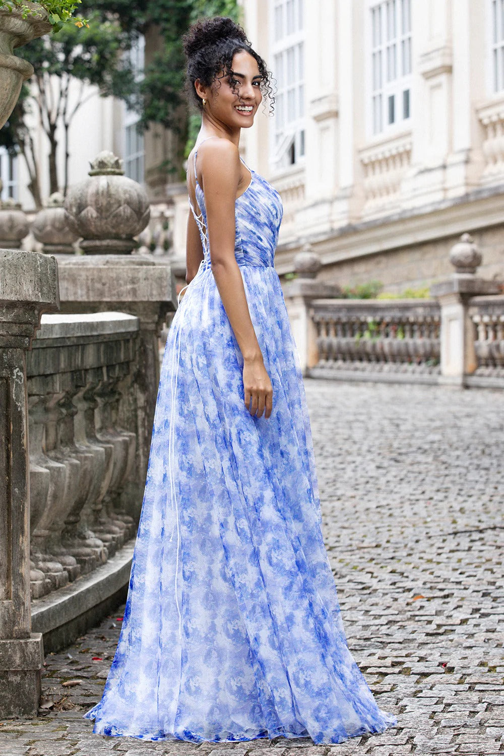 Blue Watercolor Tulle Spaghetti Strap Maxi Dress with Lace-Up Back