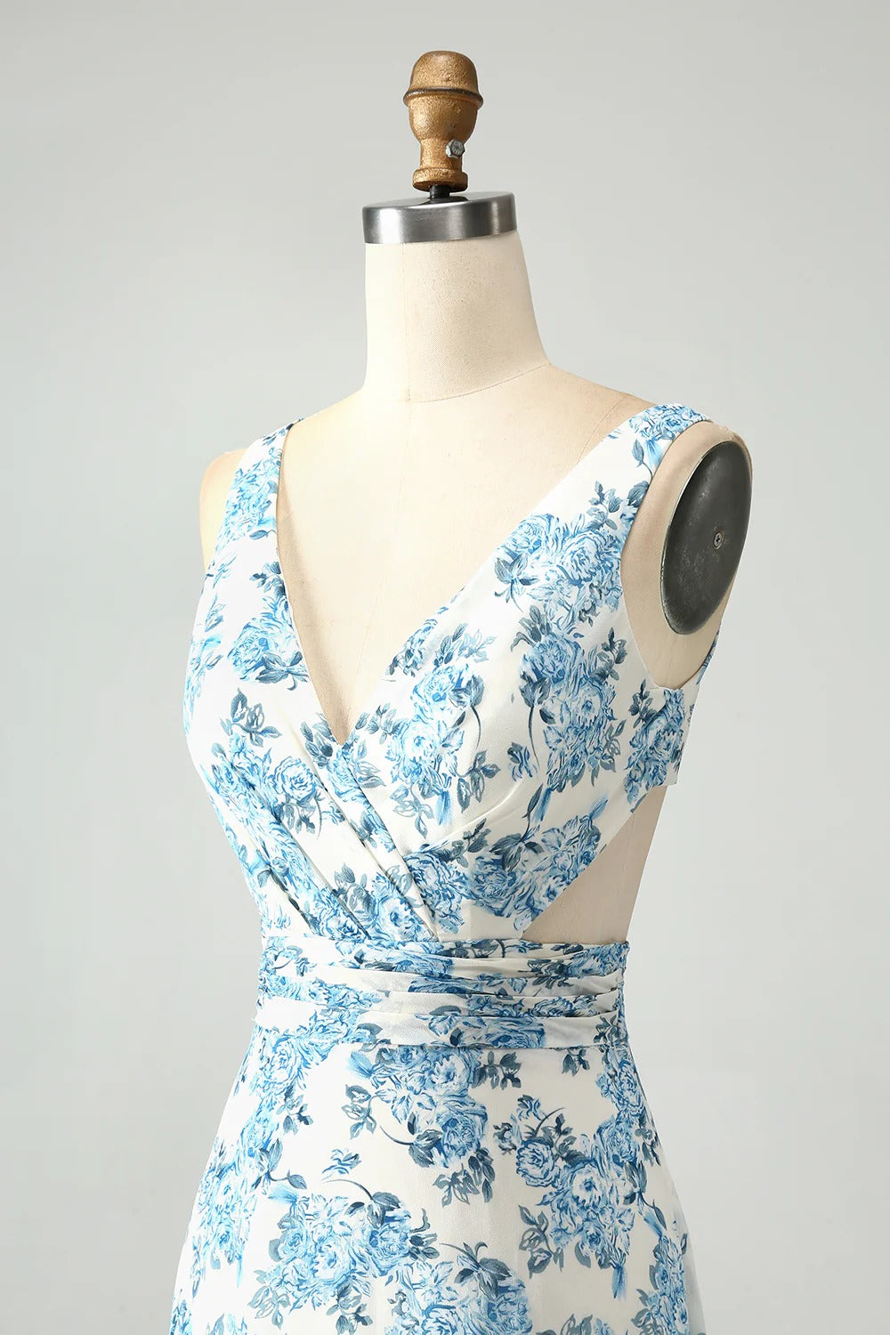 Blue White Floral High-Low Chiffon Maxi Dress with Tie-Back Waist