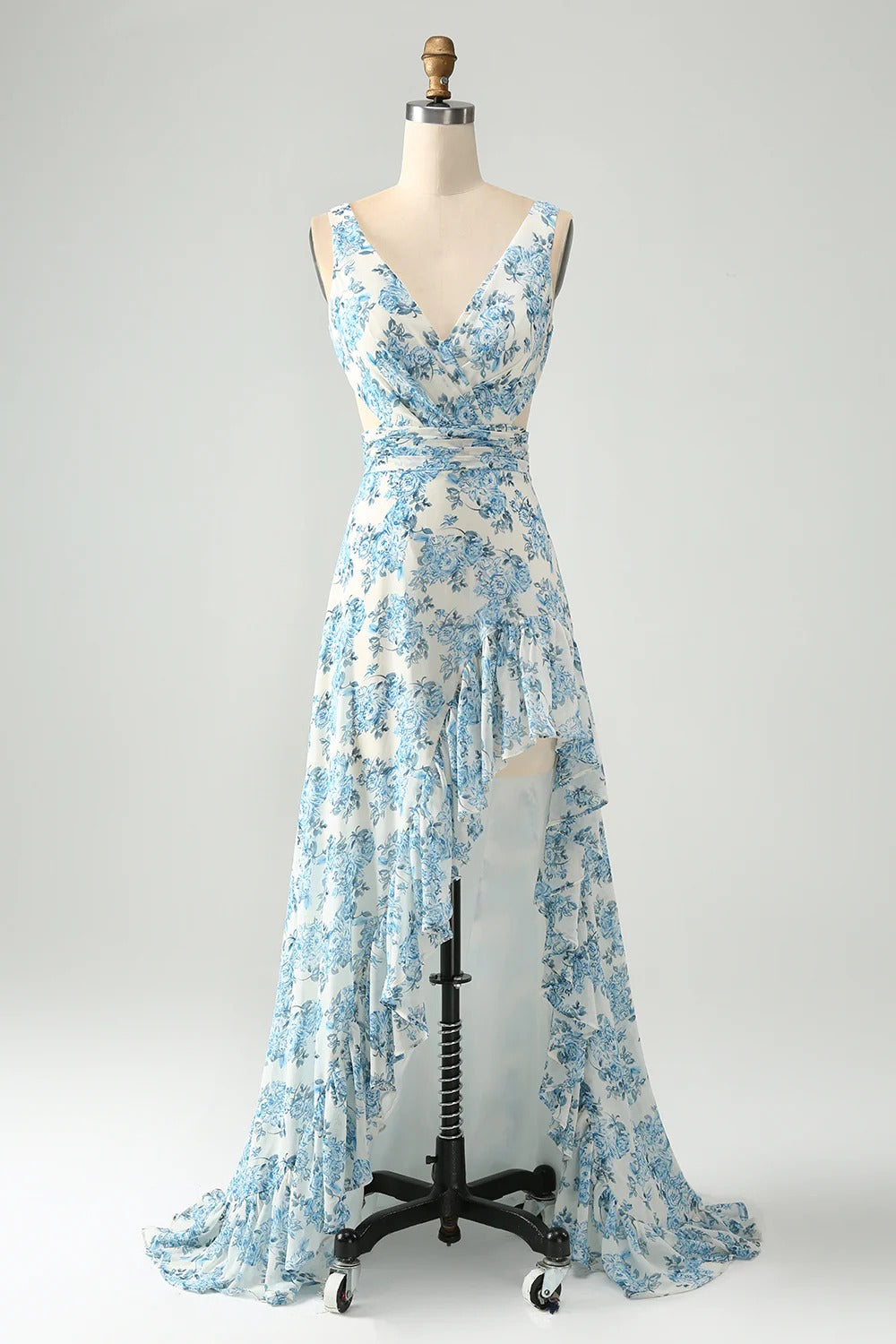 Blue White Floral High-Low Chiffon Maxi Dress with Tie-Back Waist
