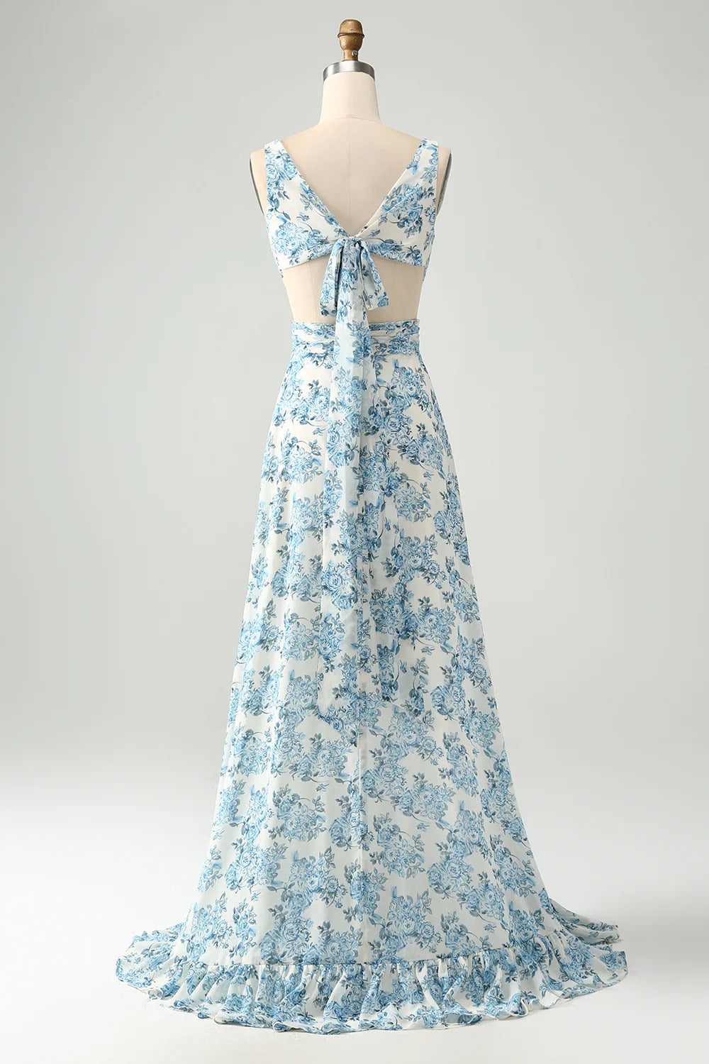 Blue White Floral High-Low Chiffon Maxi Dress with Tie-Back Waist