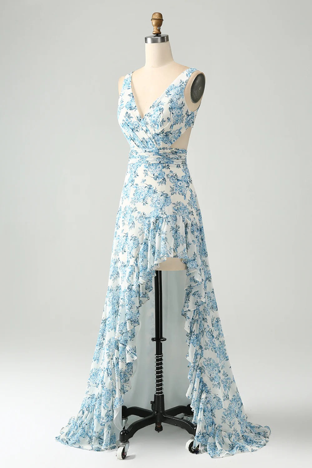 Blue White Floral High-Low Chiffon Maxi Dress with Tie-Back Waist