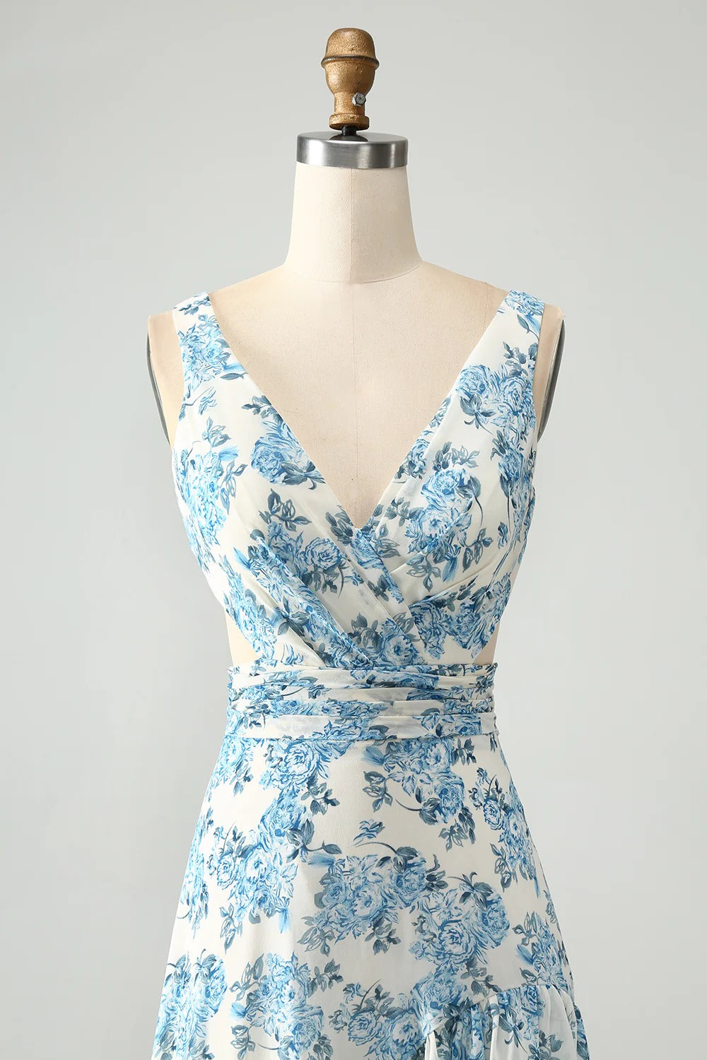 Blue White Floral High-Low Chiffon Maxi Dress with Tie-Back Waist