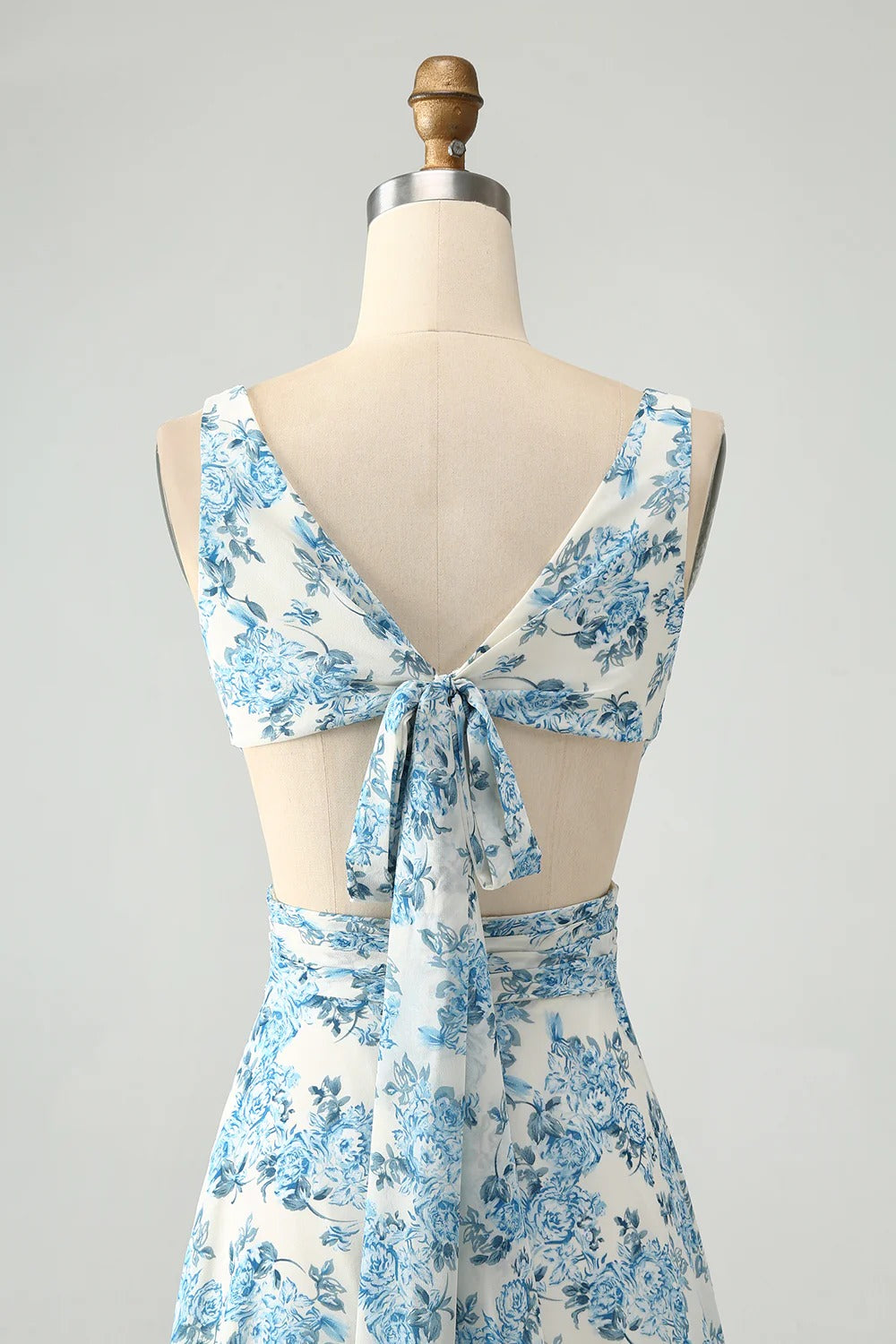 Blue White Floral High-Low Chiffon Maxi Dress with Tie-Back Waist