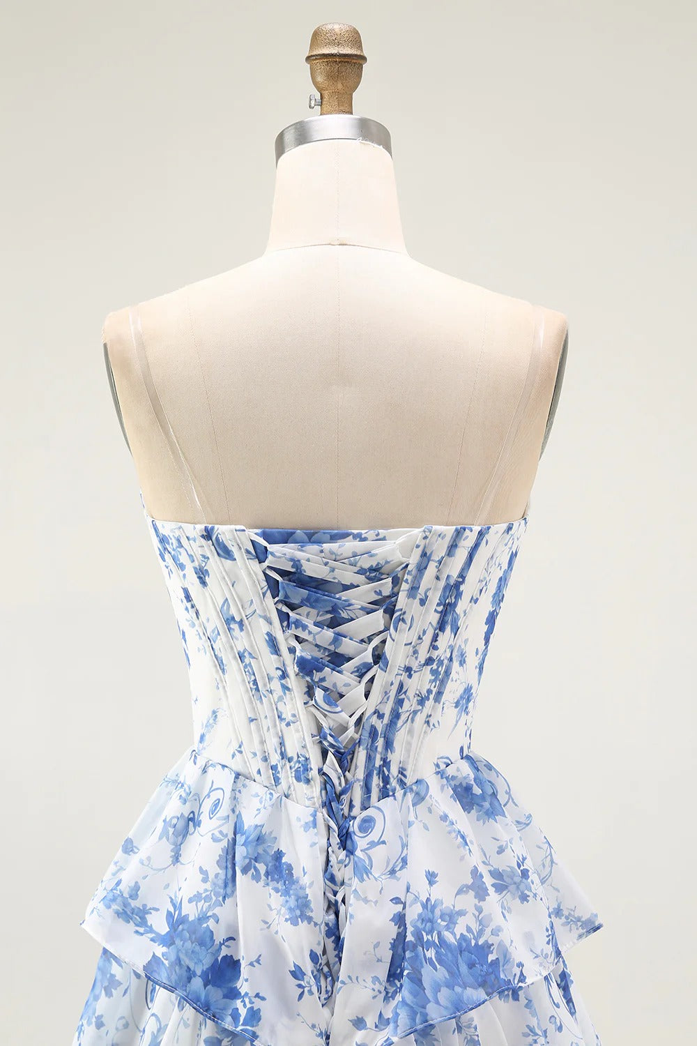Blue White Floral Tiered Corset Chiffon Gown with Lace-Up Back