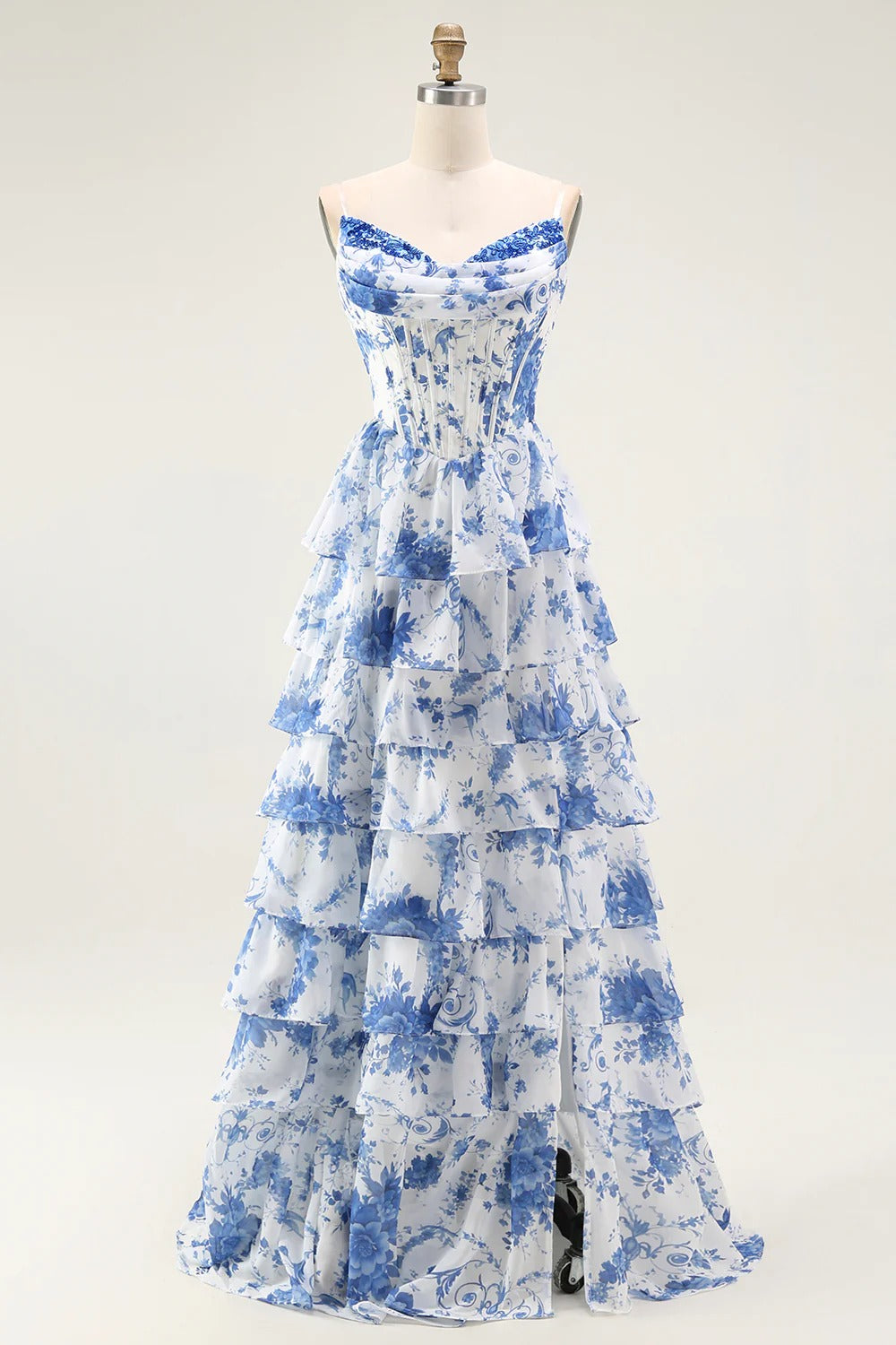 Blue White Floral Tiered Corset Chiffon Gown with Lace-Up Back