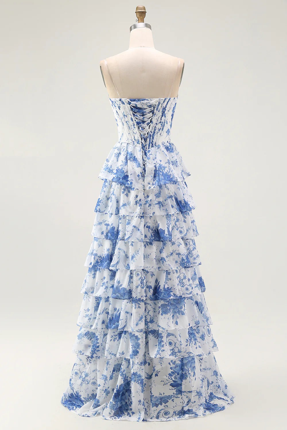 Blue White Floral Tiered Corset Chiffon Gown with Lace-Up Back