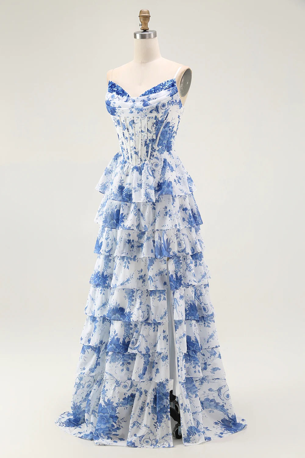 Blue White Floral Tiered Corset Chiffon Gown with Lace-Up Back