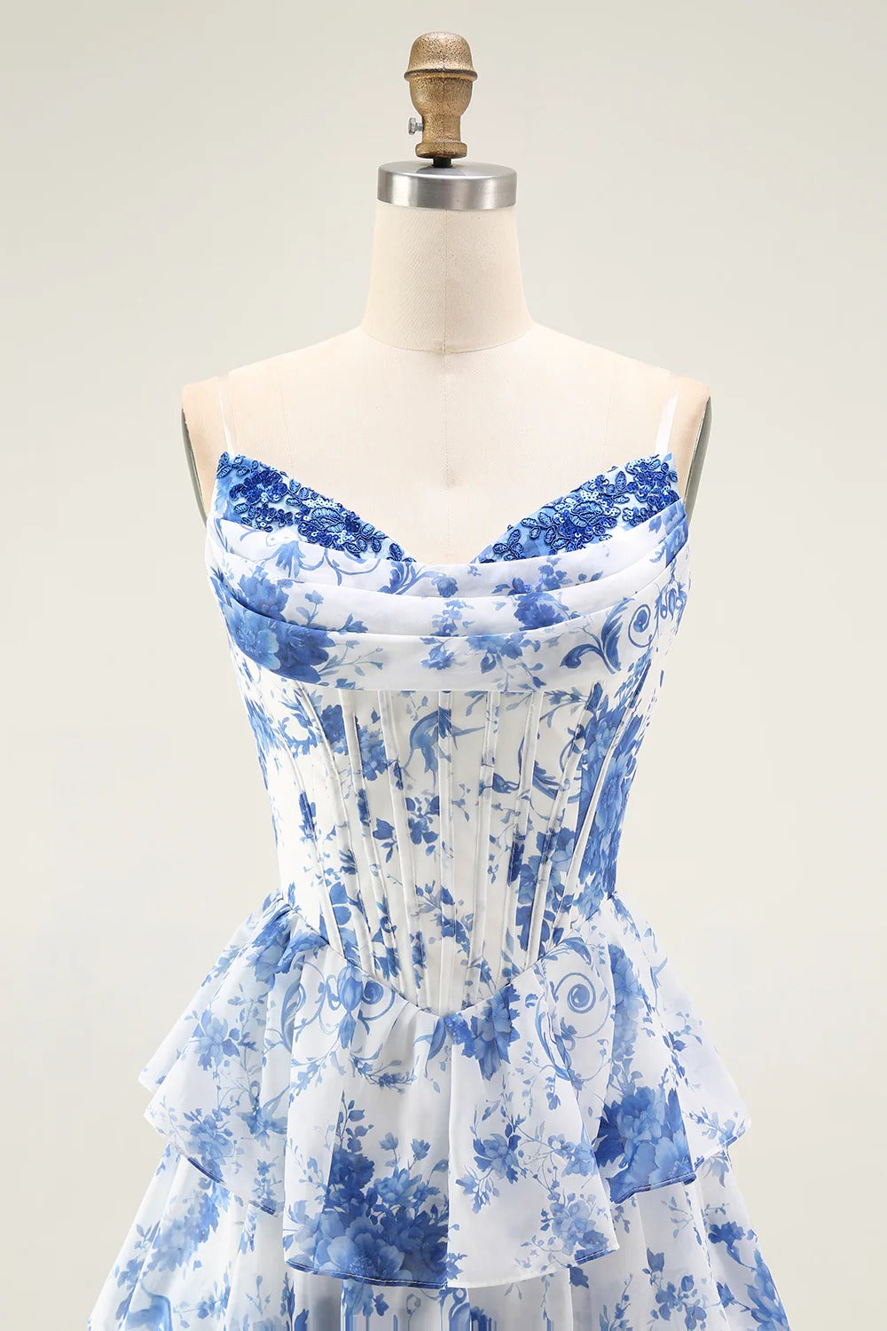 Blue White Floral Tiered Corset Chiffon Gown with Lace-Up Back