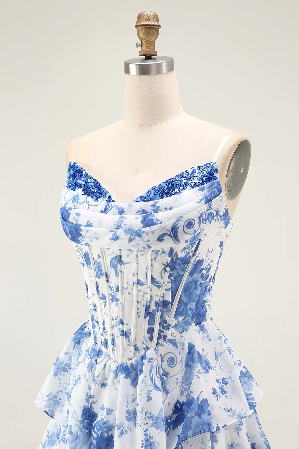 Blue White Floral Tiered Corset Chiffon Gown with Lace-Up Back