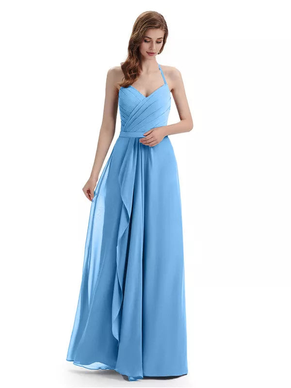 Encantadores vestidos de dama de honor con escote en V, hombros descubiertos, sin mangas y hasta el suelo