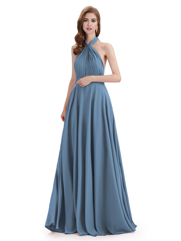 Simple A-Line High Neck Halter Sleeveless Pleats Chiffon Floor Length Bridesmaid Dresses