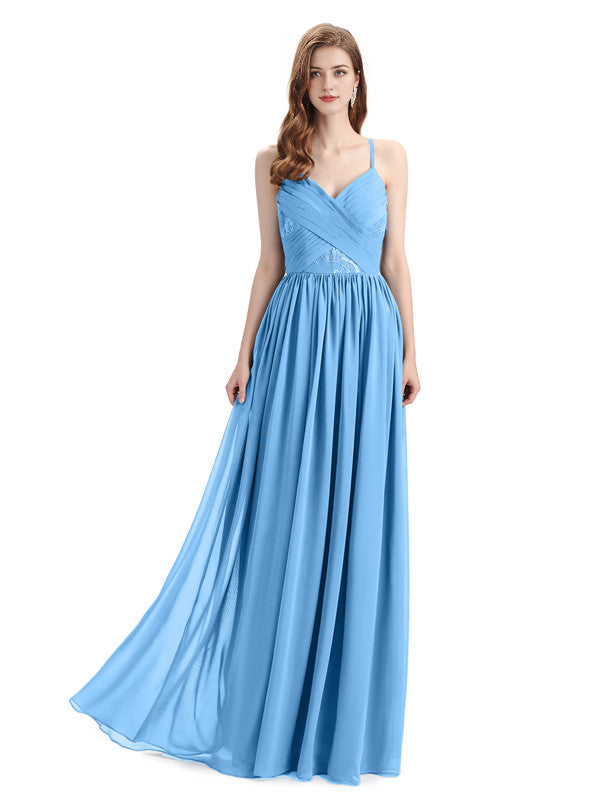 Dusty Blue Draped V-Neck Chiffon Bridesmaid Dress