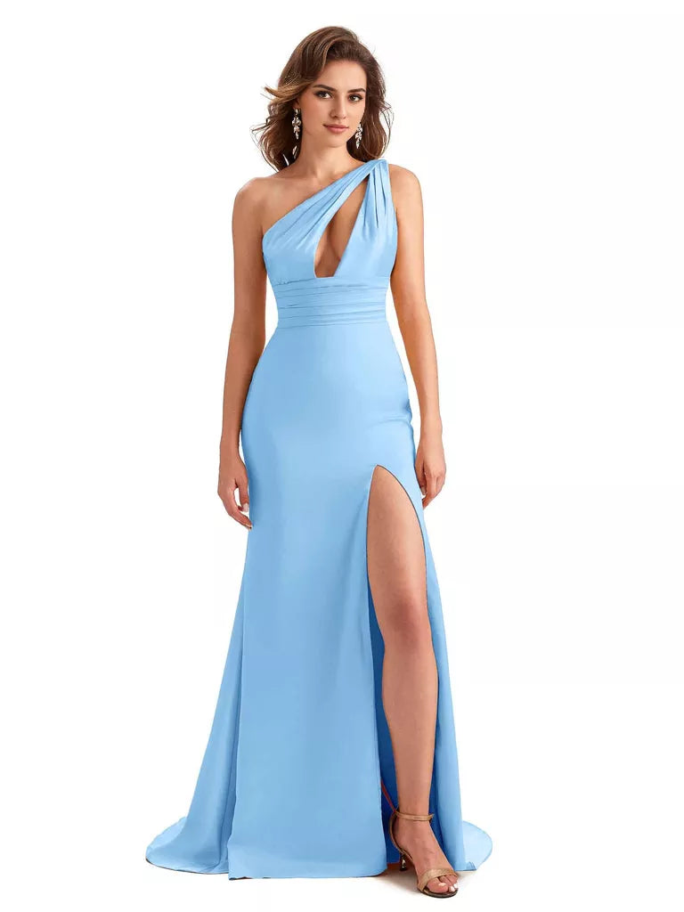 Sexy Side Slit Mermaid Silky Satin One Shoulder Sleeveless Unique Long Bridesmaid Dresses