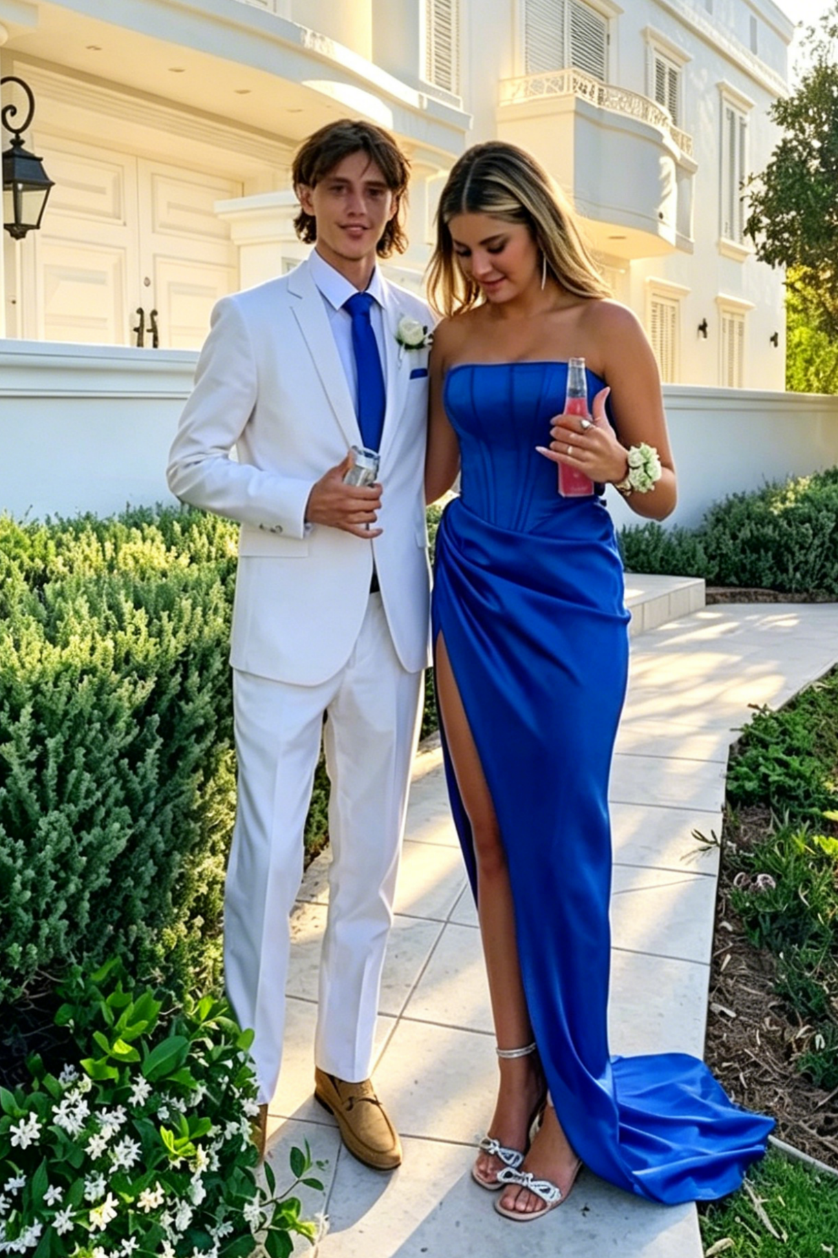 Blue Strapless Corset Satin High Slit Mermaid Evening Dresses