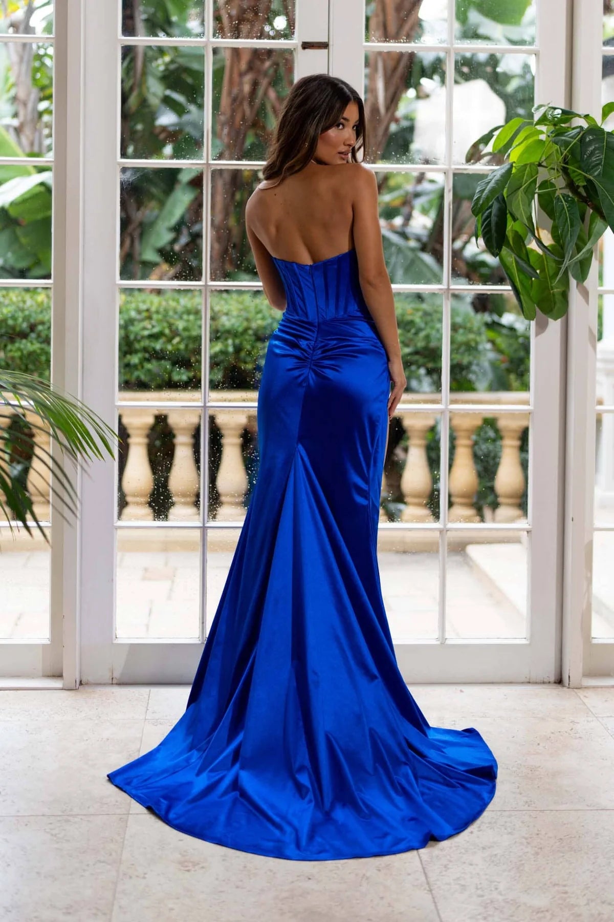 Blue Strapless Corset Satin High Slit Mermaid Evening Dresses