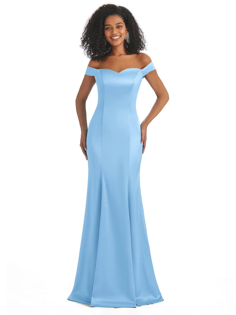 Simple Off The Shoulder Soft Satin Sleeveless Mermaid Long Bridesmaid Dresses