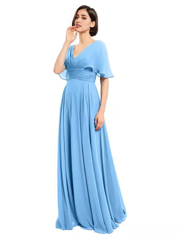 Elegantes vestidos largos de dama de honor de gasa con escote en V y mangas cortas