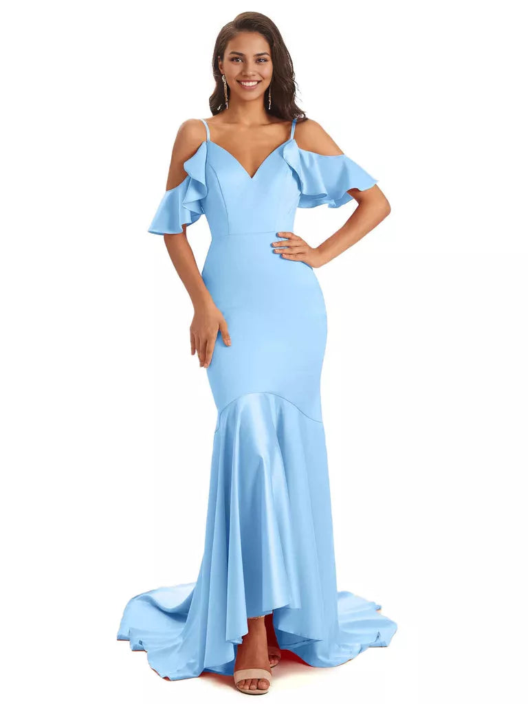 Soft Satin Asymmetric Spaghetti Straps Sleeveless Mermaid Cold Shoulder Bridesmaid Dresses
