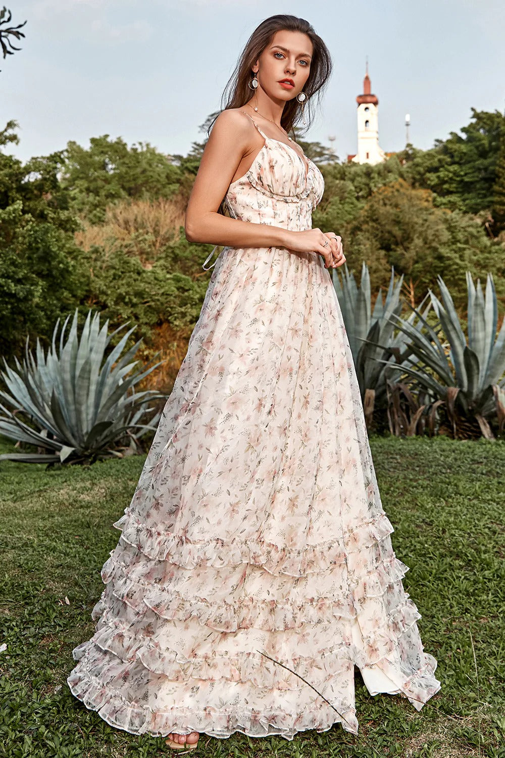Blush Floral Print Spaghetti Strap Slit Tiered Tulle Maxi Dress