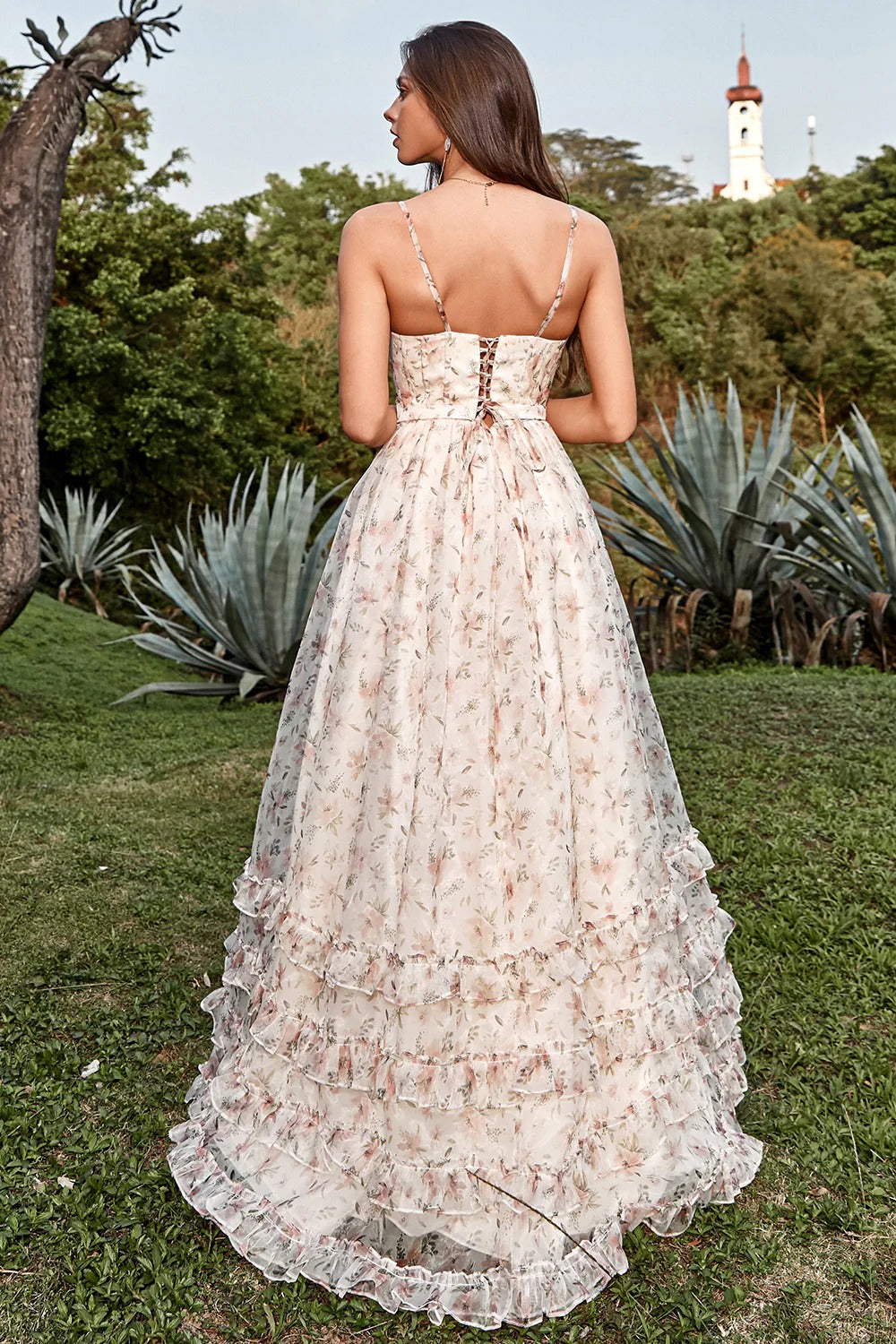 Blush Floral Print Spaghetti Strap Slit Tiered Tulle Maxi Dress