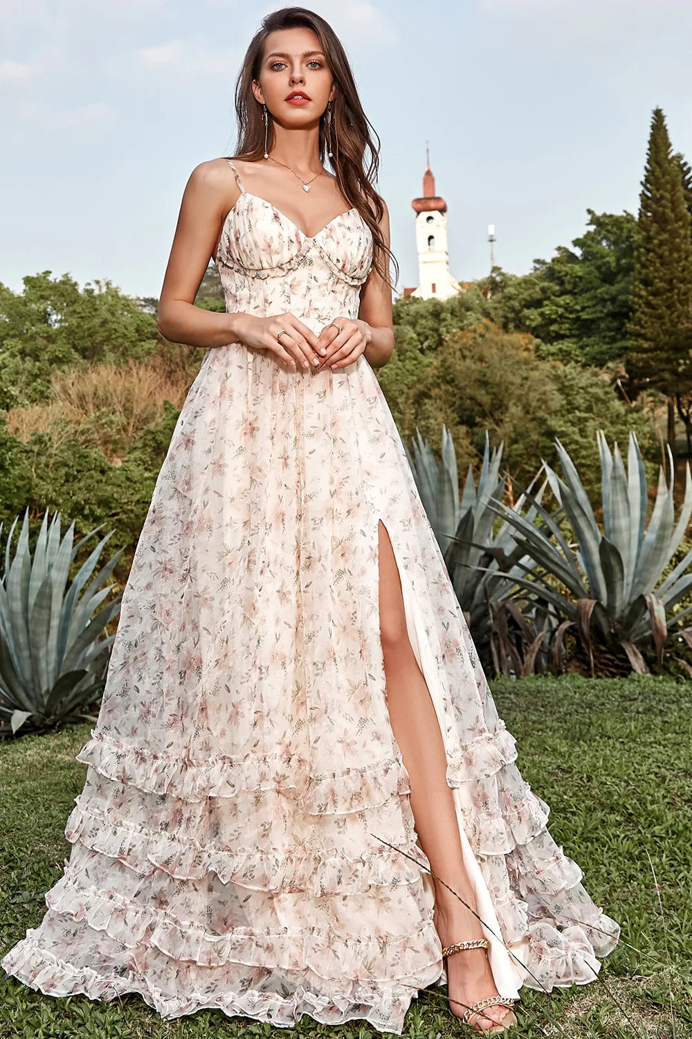 Blush Floral Print Spaghetti Strap Slit Tiered Tulle Maxi Dress