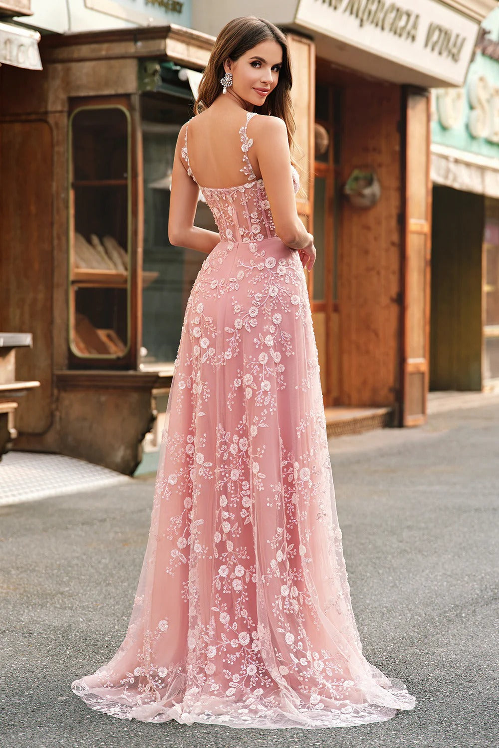 Blush Pink 3D Floral Embroidered Corset Tulle Gown with Slit