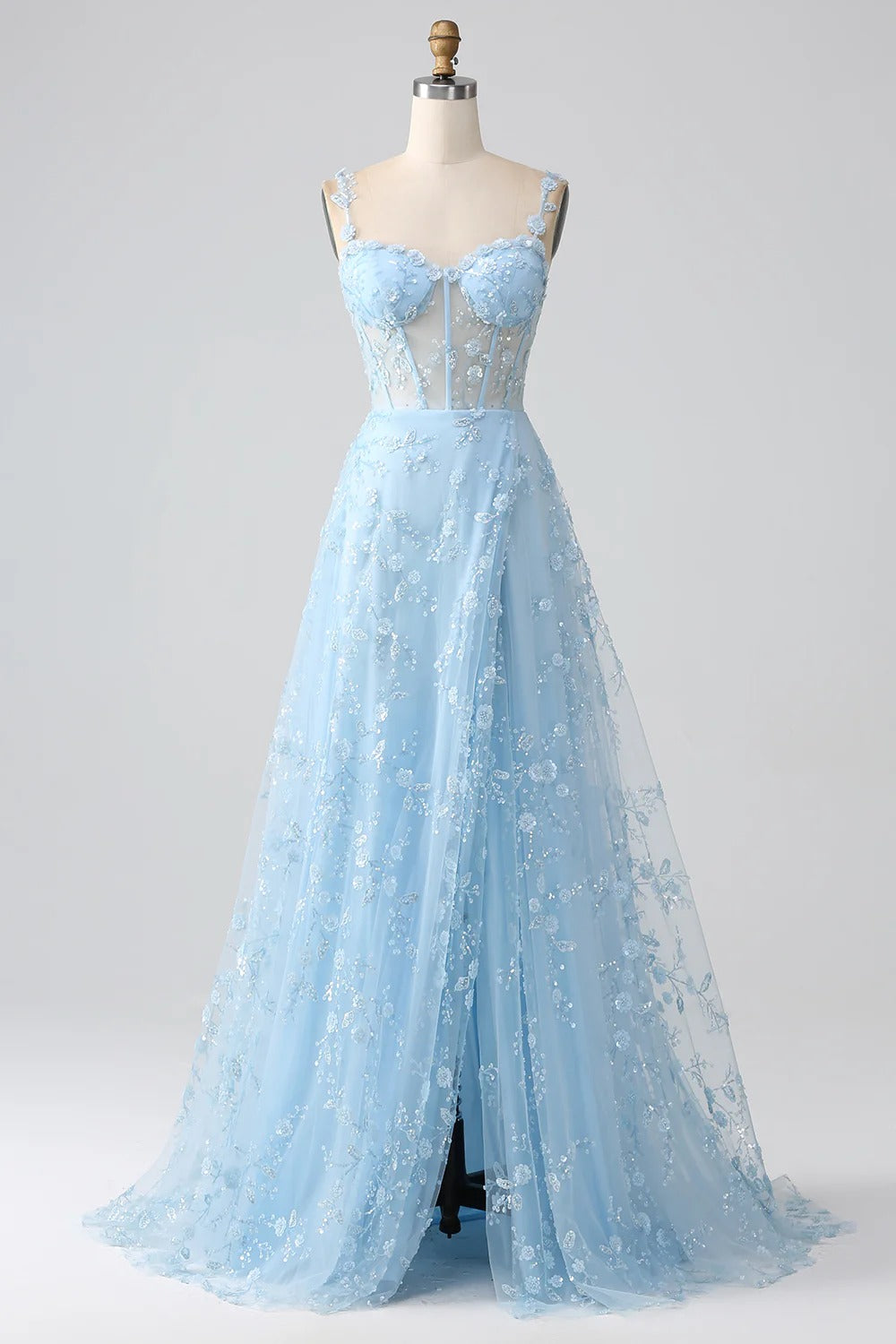 Blush Pink 3D Floral Embroidered Corset Tulle Gown with Slit