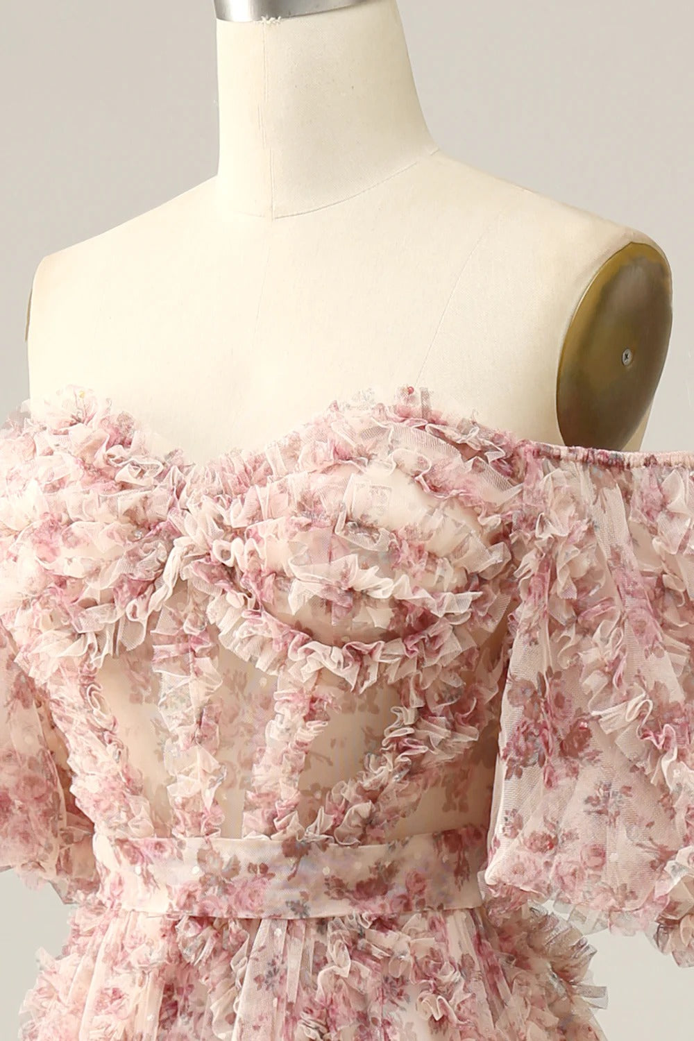 Blush Pink 3D Floral Off-the-Shoulder Tiered Tulle Maxi Dress – Garden Wedding Gown