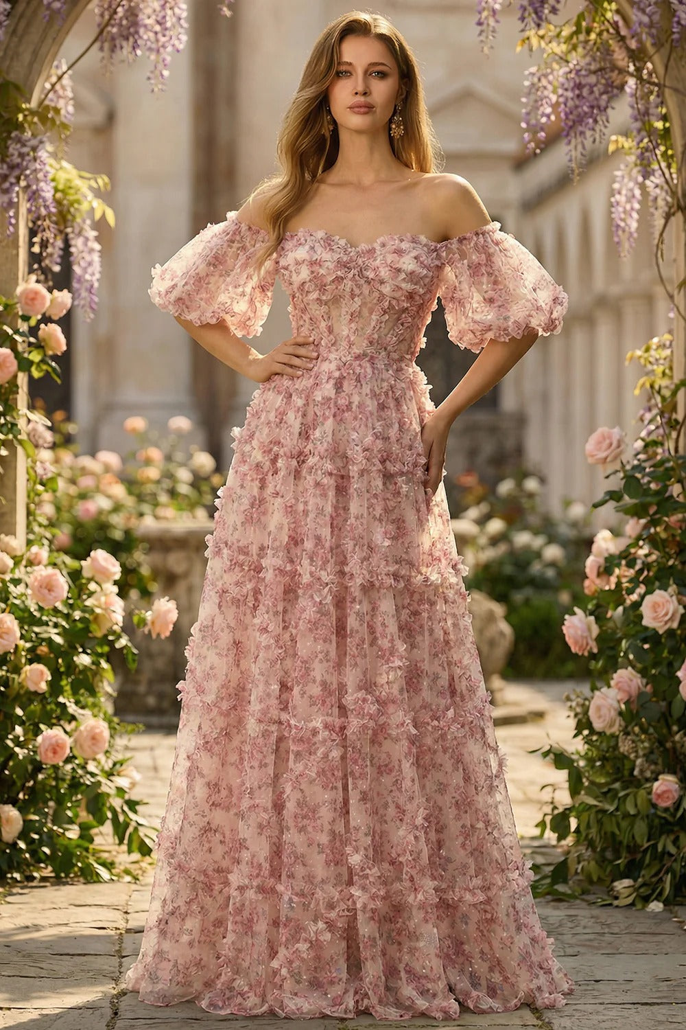 Blush Pink 3D Floral Off-the-Shoulder Tiered Tulle Maxi Dress – Garden Wedding Gown
