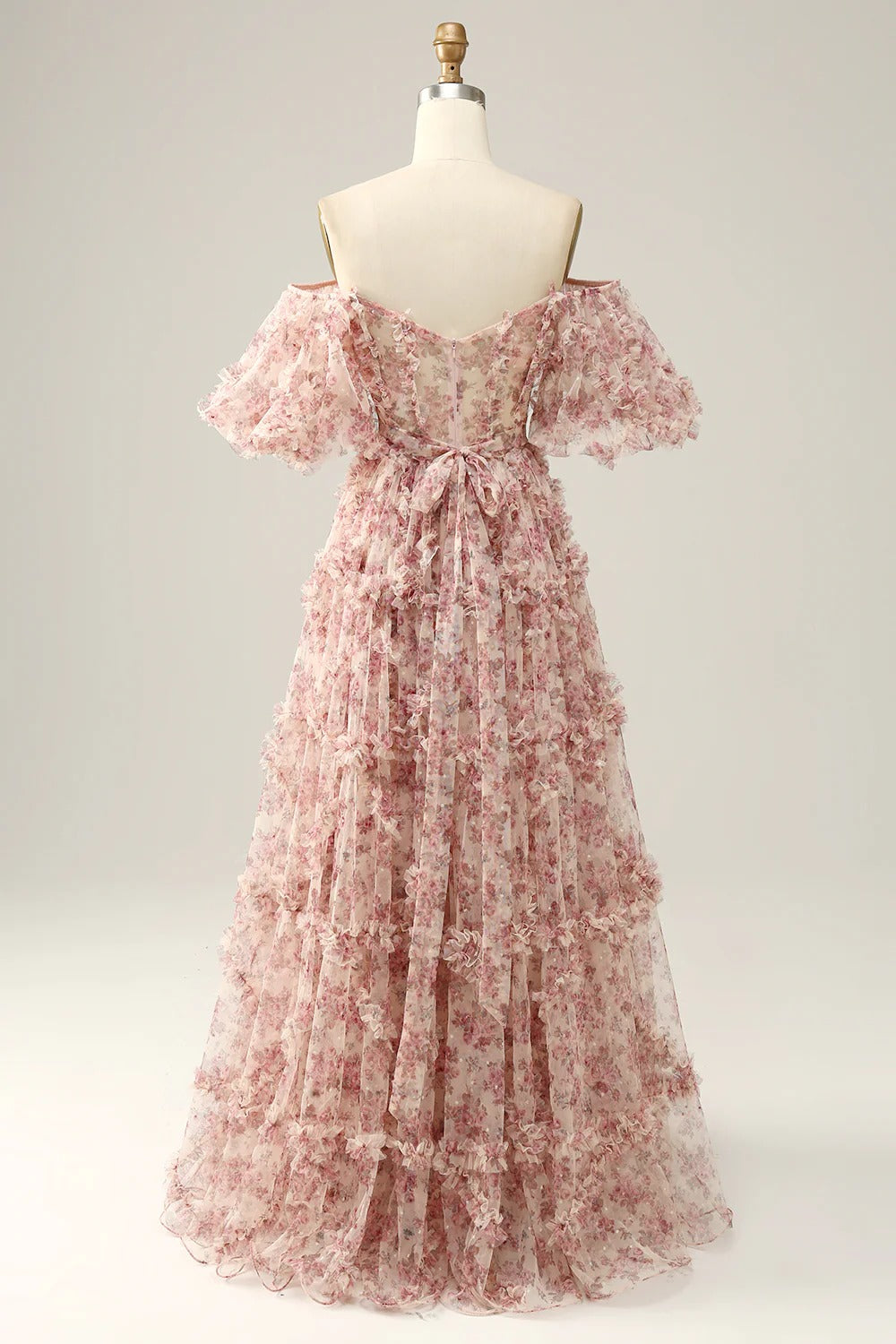 Blush Pink 3D Floral Off-the-Shoulder Tiered Tulle Maxi Dress – Garden Wedding Gown