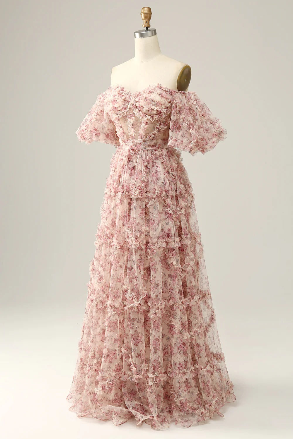 Blush Pink 3D Floral Off-the-Shoulder Tiered Tulle Maxi Dress – Garden Wedding Gown
