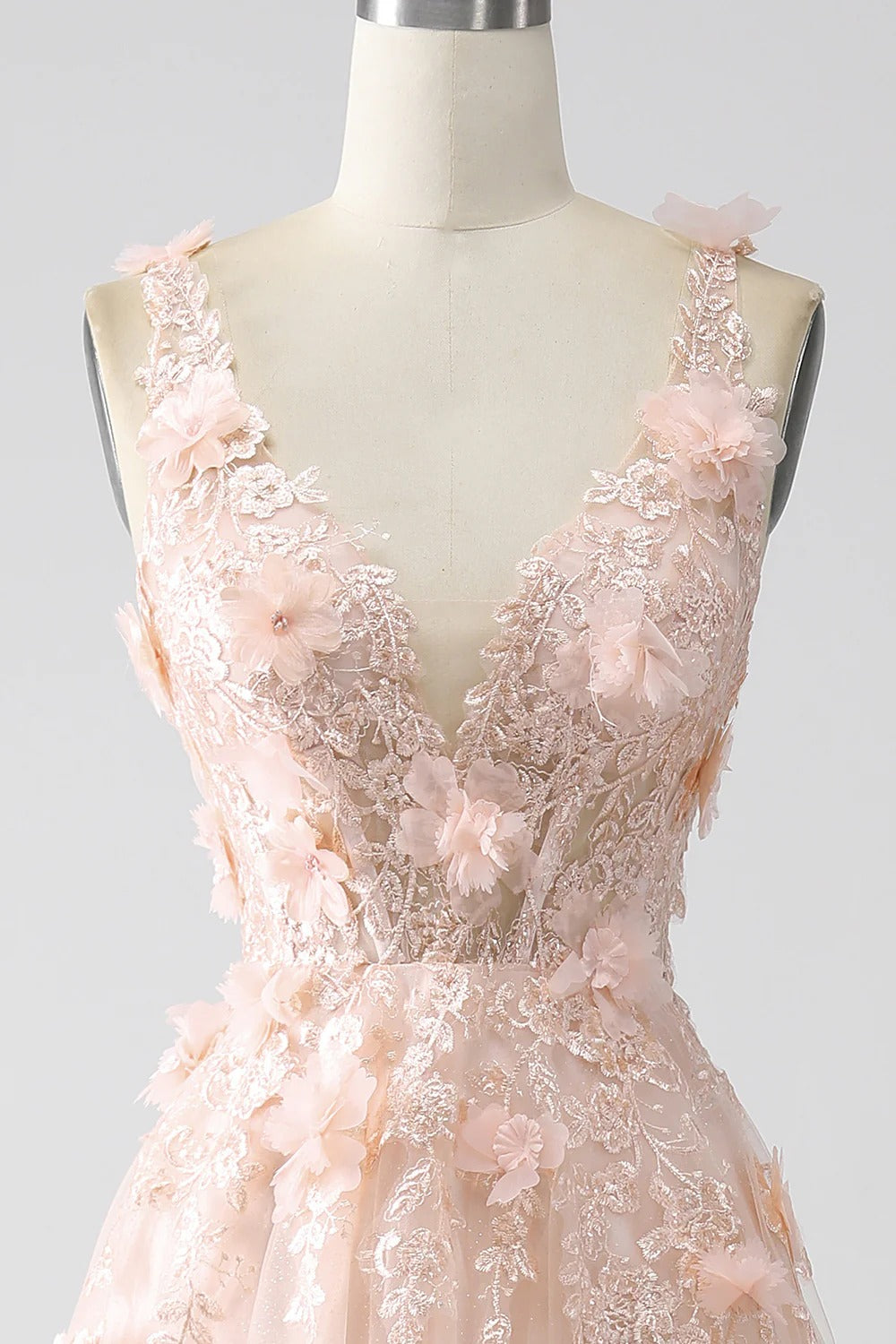 Blush Pink 3D Floral Tulle Gown – V-Neck Lace-Up Back Prom Dress with A-Line Skirt & High Slit