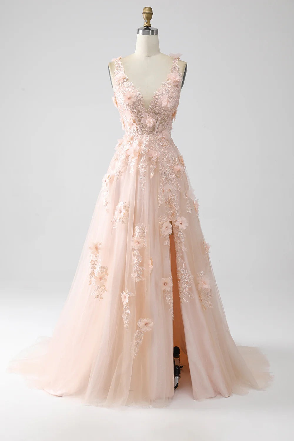 Blush Pink 3D Floral Tulle Gown – V-Neck Lace-Up Back Prom Dress with A-Line Skirt & High Slit