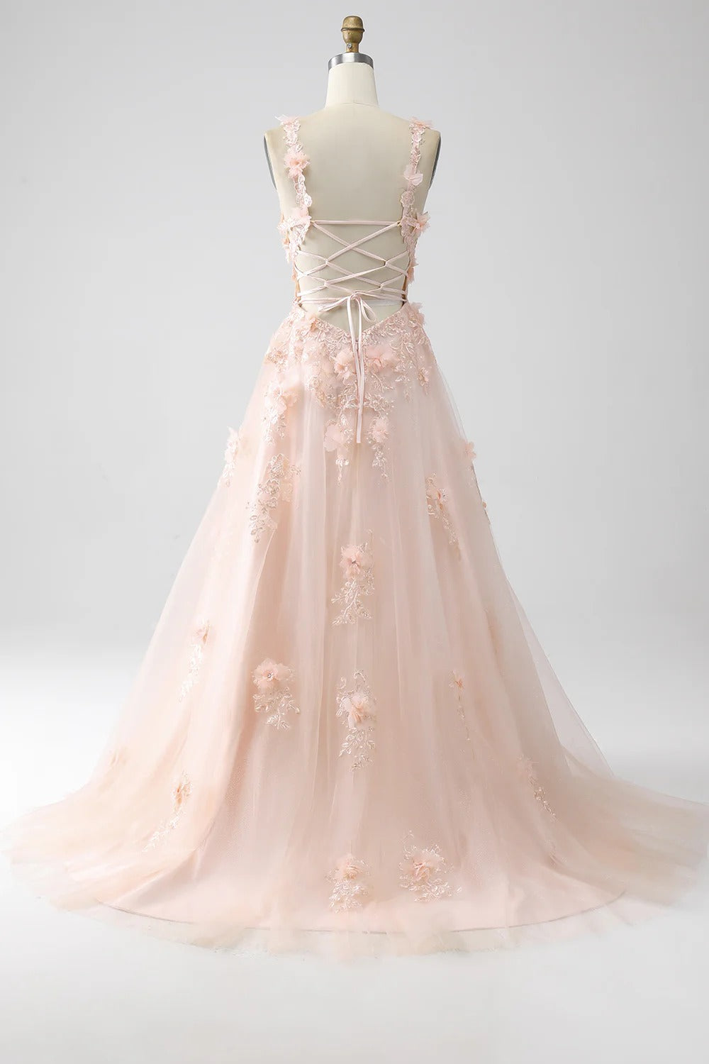 Blush Pink 3D Floral Tulle Gown – V-Neck Lace-Up Back Prom Dress with A-Line Skirt & High Slit