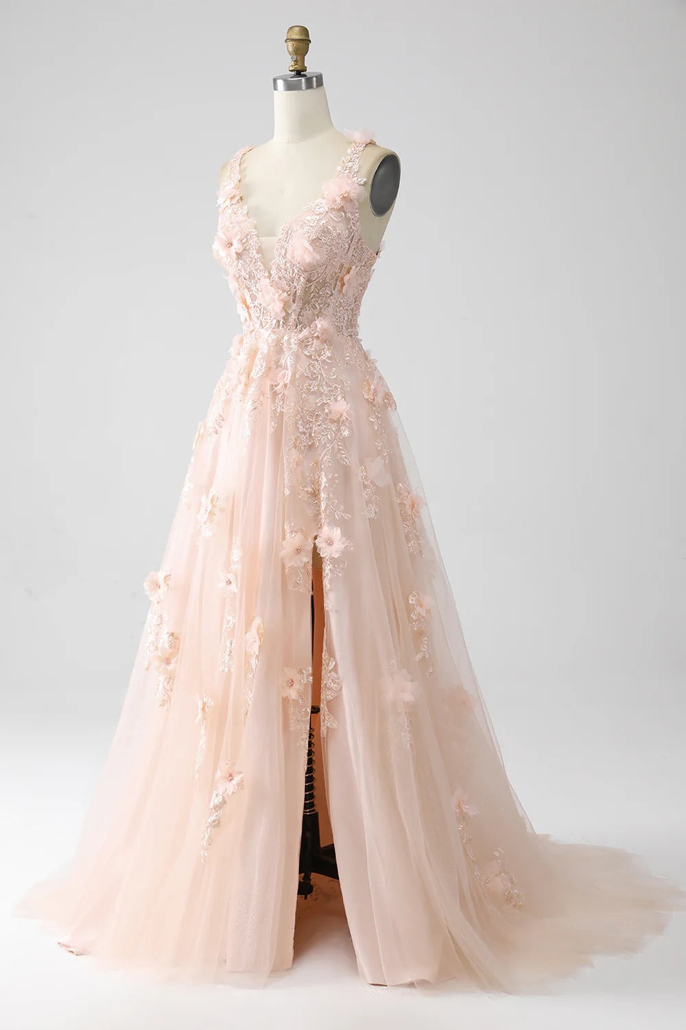 Blush Pink 3D Floral Tulle Gown – V-Neck Lace-Up Back Prom Dress with A-Line Skirt & High Slit